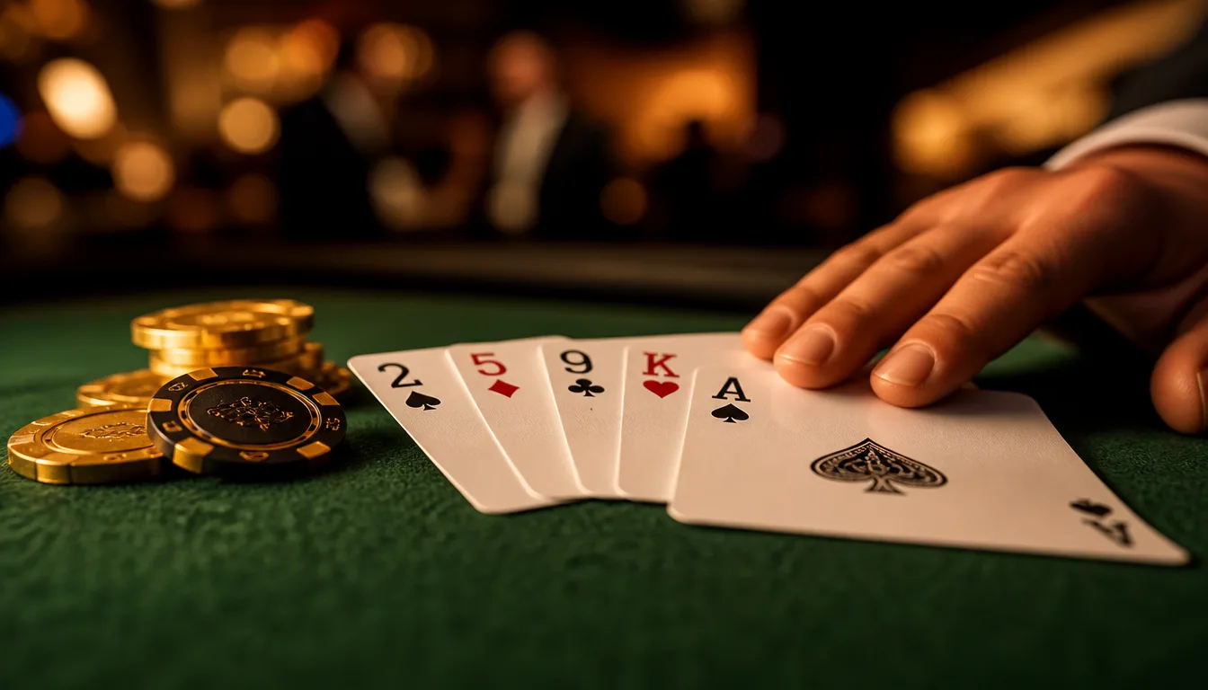 Playing cards showing pip values for blackjack card counting Hi-Lo system on green felt at EE9 Malaysia
